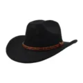 Close-up of black western cowboy hat with brown studded leather belt band for classic style. - One Size / Black