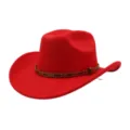 Red felt cowboy hat with brown studded leather band, stylish jazz cap for women and men. - One Size / Red