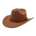 Retro brown wool felt cowboy hat with studded leather belt wide brim fashion fedora hat - One Size / Khaki