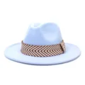 Detailopname van lichtblauwe wollen viltfedora-hoed met een bruin-witte geweven band. - 58cm / Hemelsblauw