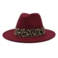 Burgundy felt fedora hat with stylish leopard print band, autumn winter flat brim hat. - Burgundy
