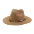 Vue détaillée chapeau de paille d'été avec bande de perles, chapeau de plage large bord. - Kaki