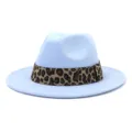 Detailed view of light blue wool felt fedora hat featuring a chic leopard print ribbon. - Sky Blue