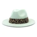 Mint green wool fedora hat with leopard print band, stylish wide brim fashion hat. - Mint Green