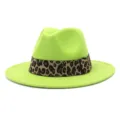 Green fedora hat with leopard band, wool felt jazz hat, stylish wide brim fashion accessory - Fruit Green