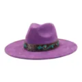 Sombrero fedora de ante violeta con banda de cuero marrón bordada en turquesa ala ancha - 58cm / Púrpura Medio