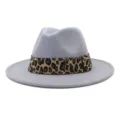 Grey wool fedora hat detail featuring leopard print ribbon band and wide flat brim style. - Light Gray