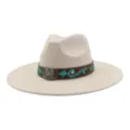 Sombrero fedora de ala ancha occidental con banda de cuero etnico, sombrero de jazz de ante - 58cm / Beige