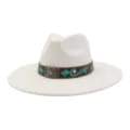 Sombrero fedora de fieltro de ala ancha estilo western con bordado turquesa y hebilla metal. - 58cm / Crema