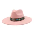 Sombrero fedora western rosa ala plana ancha sombrero de jazz con banda de cuero boho. - 58cm / Rosa Palo