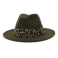 Wool fedora hat detail featuring stylish leopard print ribbon band and wide brim design. - Army Green