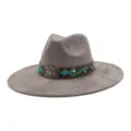 Sombrero fedora western gris de ante sintético con cinta de cuero vintage y bordado turquesa. - 58cm / Gris Carbón