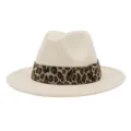 Classic wool fedora hat with leopard print band, chic wide brim style for autumn and winter. - Beige