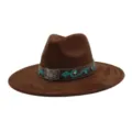 Sombrero fedora estilo western de ante marrón ala ancha bordado turquesa hebilla metal. - 58cm / Café