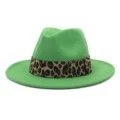 Green wool fedora hat detail, stylish leopard print band, autumn winter fashion flat brim cap. - Grass Green