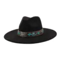 Sombrero fedora negro de ala ancha con banda de cuero étnica bordada y hebilla metálica vintage - 58cm / Negro