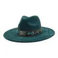 Sombrero fedora verde oscuro de ala ancha con textura de ante y banda de cuero decorada. - 58cm / Verde Oscuro