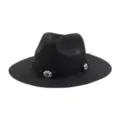 Detailed view of a black straw fedora sun hat featuring black and white beaded flower decor. - Black