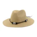 Summer straw sun hat for men and women wide brim beach hat with stylish beaded decorative band. - Deep Beige