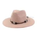 Pink straw sun hat with flower decor, 7cm wide brim beach hat for summer outdoor wear. - Pink