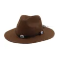 Brown woven fedora straw hat with decorative flower band for outdoor summer beach sun protection. - Coffee