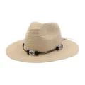 Summer wide brim straw sun hat for men and women outdoor beach travel UV protection stylish. - Beige
