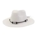 White straw fedora hat detail, summer sun protection beach hat with black bead floral band. - White