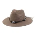 Straw hat detail showcasing woven texture, black decorative cord, and stylish flower beads. - Dusty Pink