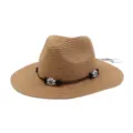 Summer beach straw hat for men and women, wide brim sun hat with beaded floral decor detail. - Khaki