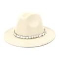 Beige felt fedora hat featuring an elegant pearl beaded band for women autumn and winter style. - Beige