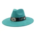 Teal suede jazz hat detail showcasing embroidered floral band and vintage silver gemstone buckle. - 58cm / Peacock Light Blue