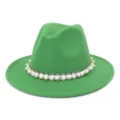 Stylish green felt fedora hat for women, featuring elegant pearl beaded trim for autumn and winter. - Grass Green