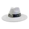 Close-up of a light grey jazz hat featuring a black leather band, silver buckle, and floral embroidery. - 58cm / Light Gray