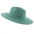 Green suede fedora hat with braided tassel band, stylish wide brim retro gentleman hat. - M (56-58cm) / Green