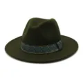 Klassieke groene wol fedora hoed met blauw goud patroon lint voor modieuze koppels. - 58cm / Legergroen