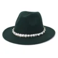 Dark green felt fedora hat for women with elegant pearl beaded band for autumn and winter. - Dark Green