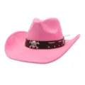 Pink Suede Cowboy Hat with Punk Metal Skull Band Western Fedora Jazz Cap for Unisex - Barbie Pink