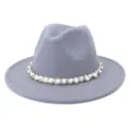 Grey wool fedora hat detail featuring an elegant pearl beaded band for autumn and winter fashion. - Light Gray