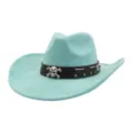 Turquoise suede cowboy hat with black leather belt and skull metal decor for men women. - Mint Green