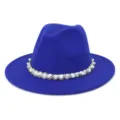 Blue wool fedora hat with elegant pearl and crystal trim band detail, perfect for autumn. - Sapphire Blue