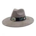 Grey suede fedora hat for men and women, featuring embroidery band and vintage buckle. - 58cm / Charcoal Grey