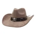 Detailed view of a vintage suede cowboy hat with skull metal band, unisex fashion jazz cap. - Dusty Pink