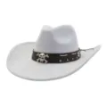 Grey suede cowboy hat detail, showcasing metal skull emblem and studded leather band features. - Light Gray