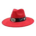 Red suede fedora hat with wide brim, black embroidered floral band and vintage silver buckle. - 58cm / Red