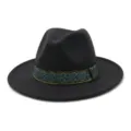 Zwarte wollen fedora hoed met blauw gouden patroon band klassieke jazz hoed voor man vrouw - 58cm / donkergrijs