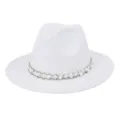 Detail shot of elegant white wool felt fedora hat with pearl and metallic braided band trim. - White
