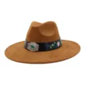 Brown suede fedora hat detail, featuring ethnic floral embroidery and vintage metal buckle. - 58cm / Khaki