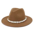 Brown wool fedora hat for women winter autumn wide brim stylish jazz hat with pearl beaded ribbon - Khaki