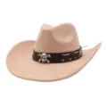 Detail view of khaki suede cowboy hat with metal skull decor and brown leather band. - Champagne