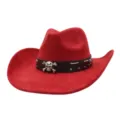 Red suede cowboy hat featuring a black belt, silver skull detail, wide brim jazz hat style. - Red